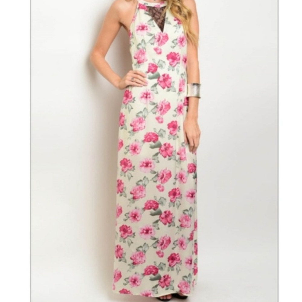Rose Pattern Open Back Floral Lace Maxi Dress NWT